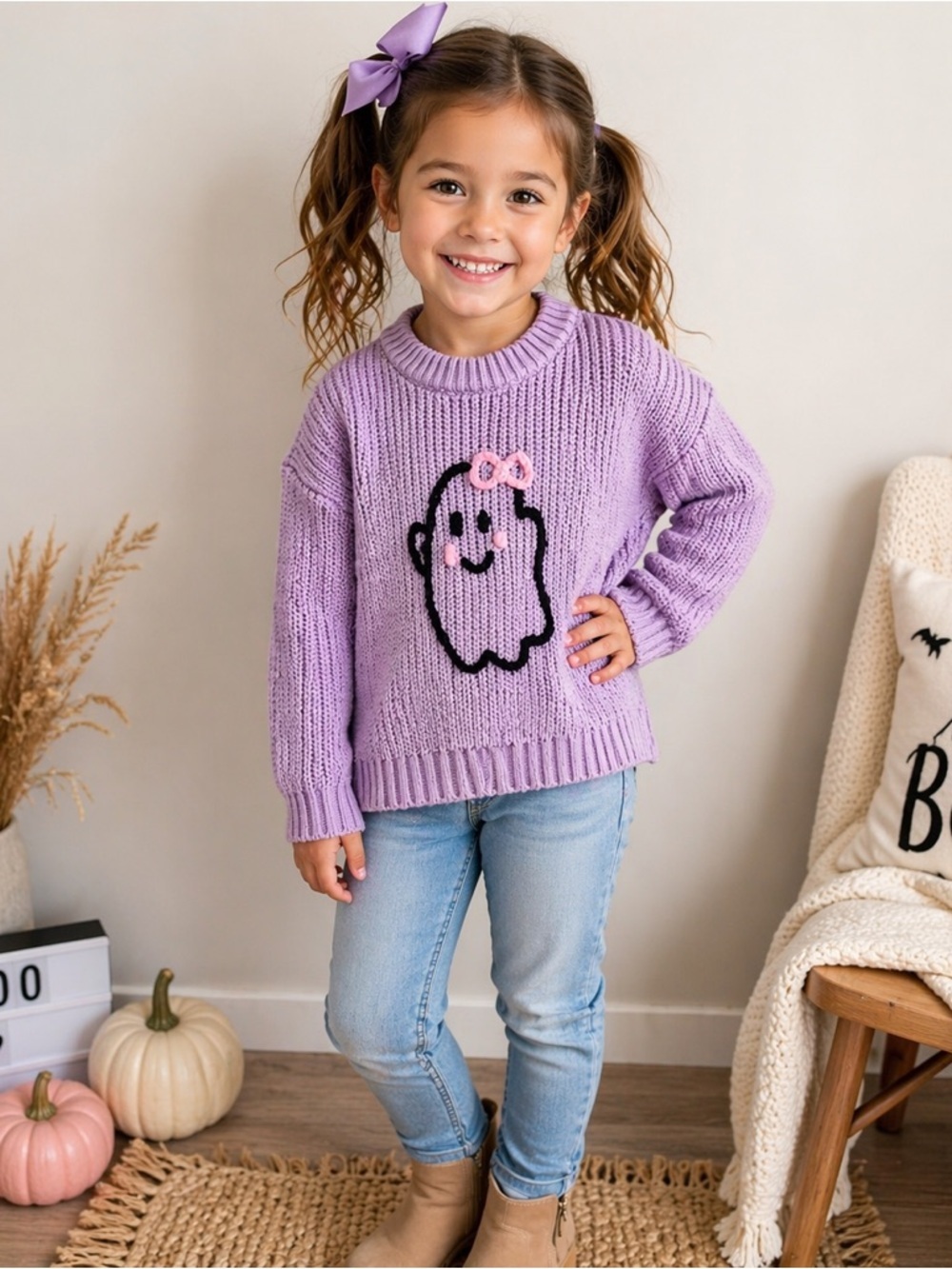 Kids Purple Sweater with Cute Ghost Design